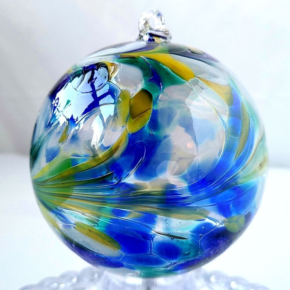 Zorza Artisan Mouth Blown Glass Christmas Ornament Large Round Blue Swirl Poland - Picture 3 of 9